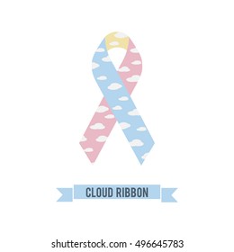 Cloud ribbon - symbol Congenital diaphragmatic hernia awareness. Vector illustration icon light red, yellow, blue color ribbon.