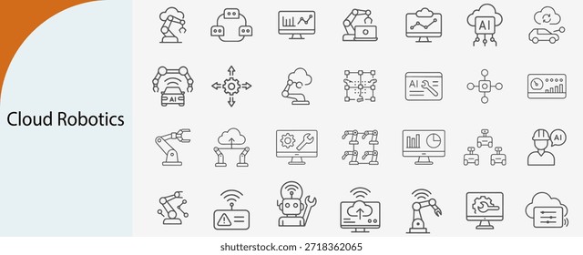conjunto de iconos de línea de automatización industrial de IA y robótica en la nube, brazo robótico inteligente y símbolos de control remoto de red, Ilustración vectorial plana