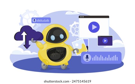 Cloud robotics service concept. Virtual assistant and chat bot. Artificial intelligence and machine learning. AI robot with files. Cartoon flat vector illustration isolated on white background