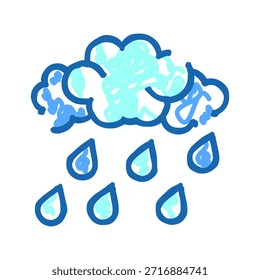 Nube con contornos azules ásperos y un relleno azul más claro, dejando caer múltiples gotas de lluvia en forma de lágrima, ilustrando la lluvia, el mal Clima, la precipitación o una tormenta