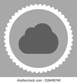 Cloud round stamp icon. This flat vector symbol is drawn with dark gray and white colors on a silver background.