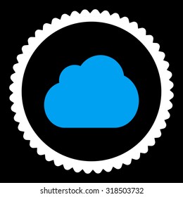 Cloud round stamp icon. This flat vector symbol is drawn with blue and white colors on a black background.