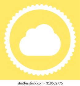 Cloud round stamp icon. This flat vector symbol is drawn with white color on a yellow background.