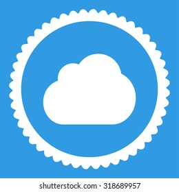 Cloud round stamp icon. This flat vector symbol is drawn with white color on a blue background.
