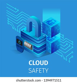 Cloud Safety Square Banner. Lock and Key. Storage Circuit of Database. Information Protection and Social Global Integrated Security, Safety. Integrated Storage Circuit 3D Isometric Vector Illustration
