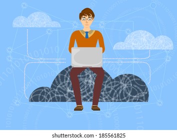 Cloud save in progress computing vector cartoon background