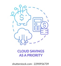 Ahorro en la nube como icono de concepto de degradado azul prioritario. Recortar costos. Gestionar gastos. Ilustración delgada de idea abstracta rentable. Dibujo de contorno aislado. Se usa una fuente Myriad Pro-Bold