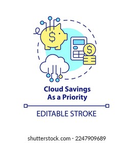 Cloud savings as priority concept icon. Cutting out costs. Storage computing trends abstract idea thin line illustration. Isolated outline drawing. Editable stroke. Arial, Myriad Pro-Bold fonts used