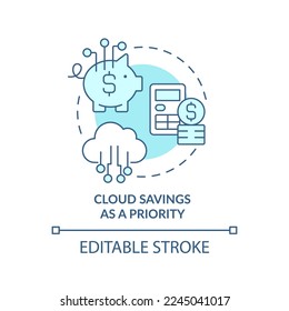 El ahorro en la nube como icono de concepto turquesa prioritario. Tendencias de computación de almacenamiento de información ilustraciones abstractas de ideas en línea delgada. Dibujo de contorno aislado. Trazo editable. Fuentes Arial, Myriad Pro-Bold utilizadas