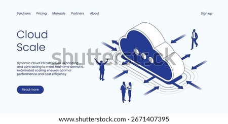 Cloud Scale, Dynamic Cloud Infrastructure Expanding and Contracting for Real-Time Demand with Automated Scaling Ensuring Optimal Performance. Technology Isometric 3d Line Vector