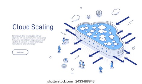 Cloud Scaling Solution concept. Cloud computing technology is easy handles growing and decreasing demand in usage. Isometric 3D cloud and arrows to maximize or minimize Cloud sizing.