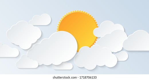 Cloud Scape. Blue Sky With Clouds And Sun In Paper Art Style. Vector Illustration.