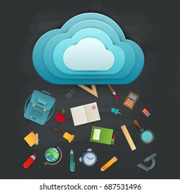 Cloud with school supplies. Paper cut cartoon polygonal trendy craft style. Modern origami teaching, education and learning symbol design. Vector illustration or background.