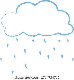 Nube con contorno de garabato que libera gotas dispersas en un boceto dibujado a mano. Símbolo del Clima, el sentimiento, el crecimiento y la Renovación para los conceptos climáticos y de pronóstico. Ilustración vectorial de dibujos animados.