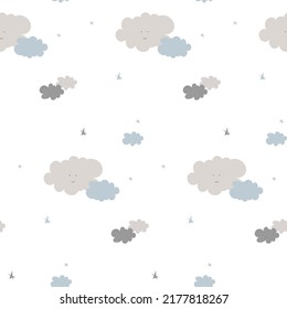 Cloud seamless pattern with blue and grey sky weather elements. Nature atmosphere art illustration for kids fabric and decoration