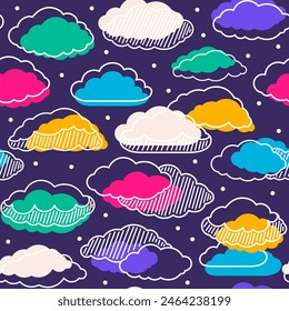 Cloud seamless pattern with lines, striped structure, vivid whimsical clouds on dark background. Vector illustration for cute dramatic sky.