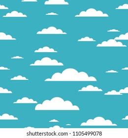 Cloud seamless pattern on blue background. Vector illustration.