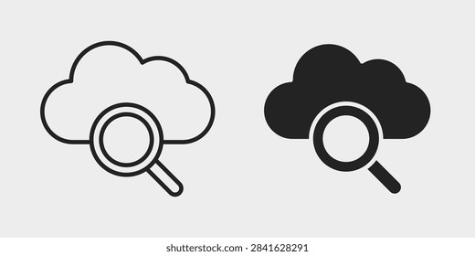 Cloud search icon representing cloud-based information discovery, digital file lookup, and online data search. Clean outline and filled vector symbol suitable for cloud computing, software, databases, digital platforms, and information systems.