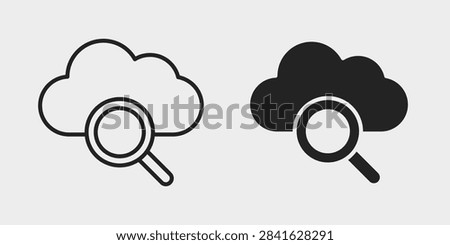 Cloud search icon representing cloud-based information discovery, digital file lookup, and online data search. Clean outline and filled vector symbol suitable for cloud computing, software, databases, digital platforms, and information systems.