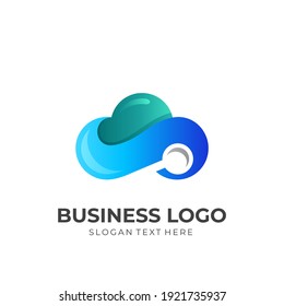 cloud search logo, cloud and magnifying glass, combination logo with 3d blue and green color style