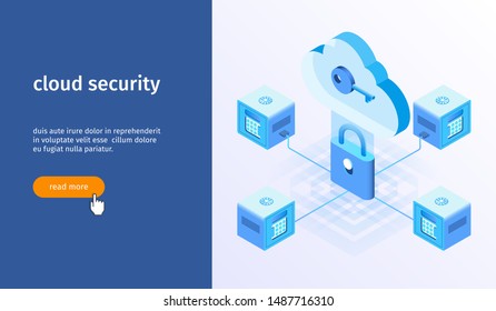 Cloud security banner. Isometric design concept on cloud computing theme. Vector illustration mock-up for website and mobile website. Landing page template