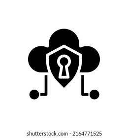 Cloud security black glyph icon. Data and information protection. Cybersecurity. Online digital storage. Silhouette symbol on white space. Solid pictogram. Vector isolated illustration
