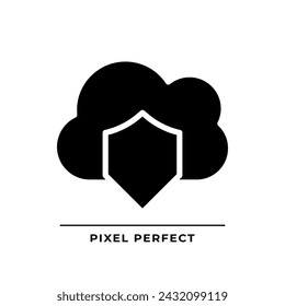 Cloud security black glyph icon. Internet dataset protection. Safe information storage online. Data center software. Silhouette symbol on white space. Solid pictogram. Vector isolated illustration