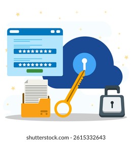 Cloud security concept. Cloud data under protection. Cybersecurity, antivirus, encryption, data account protection. Software development. Safety internet technology. 