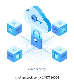 Cloud Security Concept. Isometric Design Concept On Cloud Computing Theme. Vector Illustration Mock-up For Website And Mobile Website. Landing Page Template