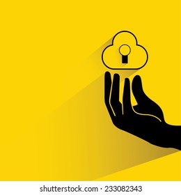 cloud security concept on yellow background, flat and shadow theme