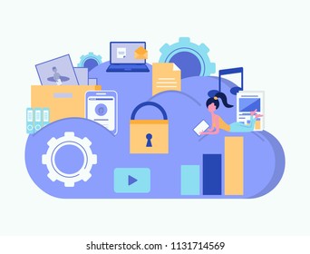 Cloud security concept. Cloud storage. Cloud computing. Data protection Business concept. Vector illustration.