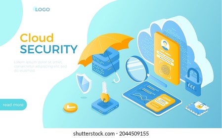 Cloud Security, Data Protecting. Safe hosting service, authorization, identification. Secure backup exchange. Isometric vector illustration for website.	
