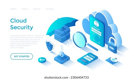 Cloud Security, Data Protecting. Safe hosting service, authorization, identification. Secure backup exchange. Isometric illustration. Landing page template for web on white background.	
