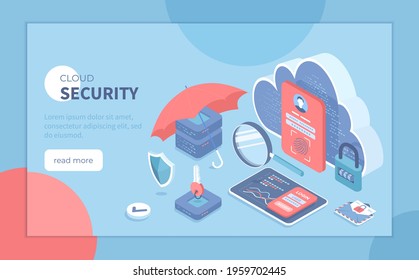 Cloud Security, Data Protecting. Secure backup exchange and encryption. Safe hosting service, authorization, identification. Isometric vector illustration for poster, presentation, banner, website.