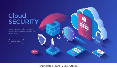 Cloud Security, Data Protecting. Secure backup exchange and encryption. Safe hosting service, authorization, identification. Isometric landing page. Vector web banner.	
