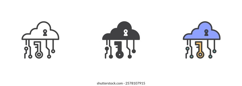 Cloud Security different style icon set. Line, glyph and filled outline colorful version, outline and filled vector sign. Data Encryption symbol, logo illustration. Vector graphics