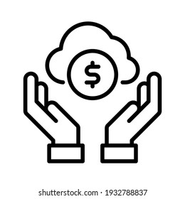 Cloud-Sicherheitssymbol. Hände, die Geld im Cloud-System halten. Zeilenvektor. Einzeln auf weißem Hintergrund.