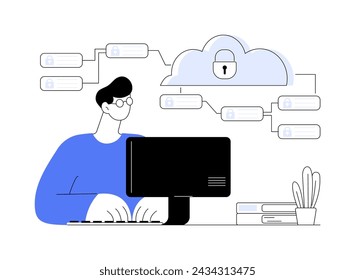 Cloud security isolated cartoon vector illustrations. Cybersecurity datacenter worker deals with threat Intelligence, cloud technology, global business, computing industry vector cartoon.