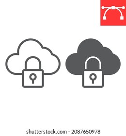 Cloud security line and glyph icon, database and protection, data security vector icon, vector graphics, editable stroke outline sign, eps 10.