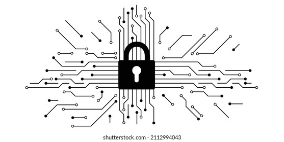 Seguridad en la nube, abren o cierran el candado. Icono de bloqueo o desbloqueo. Tarjeta de circuito o tarjeta madre electrónica. las líneas y puntos se conectan. Datos de tecnología vectorial de alta tecnología. Concepto de comunicación e ingeniería. 