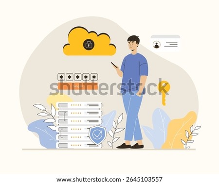 Cloud security, personal data protection, online services concept. Privacy access with password. User sync accounts. Flat vector illustration.	
