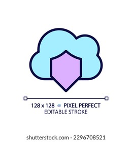 Icono de color RGB perfecto para píxel de seguridad de nube. Protección de conjuntos de datos de Internet. Almacenamiento seguro de información en línea. Ilustración vectorial aislada. Dibujo de línea simple relleno. Trazo editable