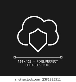 Cloud security pixel perfect white linear icon for dark theme. Internet dataset protection. Safe information storage online. Thin line illustration. Isolated symbol for night mode. Editable stroke