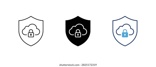 Cloud security shield icon set featuring protection shield with cloud lock symbol for safe storage, data privacy and network security UI design, Vector illustration