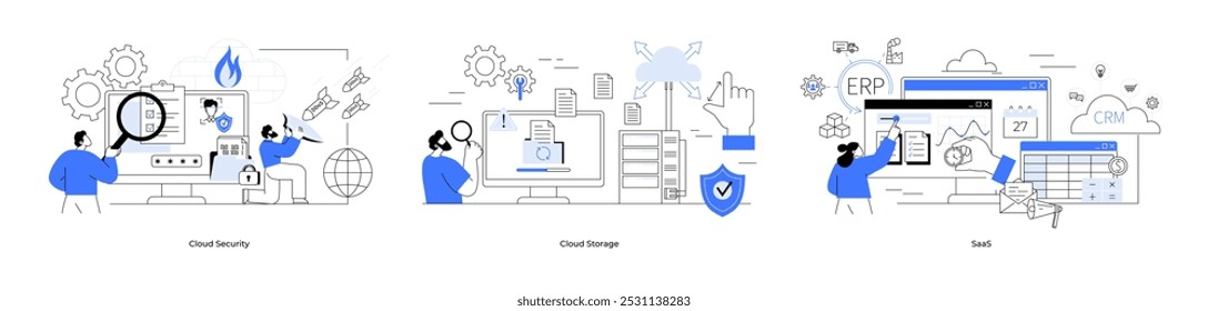 Segurança de nuvem, armazenamento em nuvem, saas. Homens que utilizam computadores e tablets para segurança cibernética, armazenamento virtual e soluções de ERP. Tecnologia, segurança cibernética, armazenamento virtual, planejamento empresarial, digital