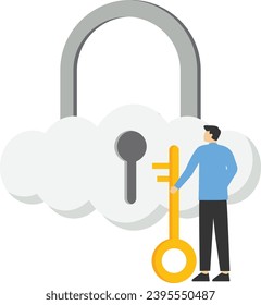 Cloud security system concept, secure shield technology fire safety access online company server, protect information for remote work, businessman hand holding floating cloud padlock with security key