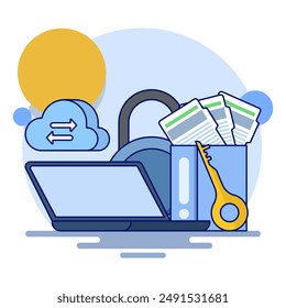 Cloud security system concept, Cloud server security, Data protection technology, Document security, Cloud data password protection. vector illustration with icons. flat vector illustration.