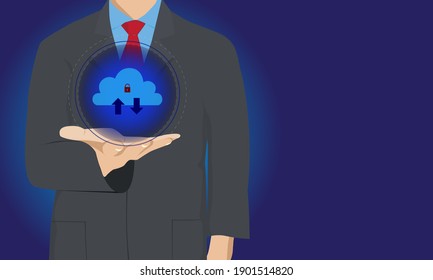 Concepto de tecnología de seguridad en la nube. Empresario o tecnólogo de información con icono de computación en nube a mano. Diseño de vectores e ilustraciones.
