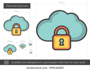 Cloud security vector line icon isolated on white background. Cloud security line icon for infographic, website or app. Scalable icon designed on a grid system.