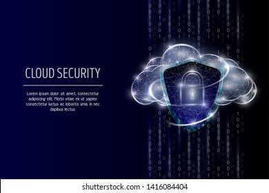 Cloud security vector poster banner template. Security shield, padlock and cloud, low poly wireframe mesh. Data protection polygonal art style illustration.